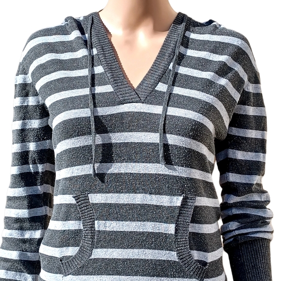 Deb Vneck Women Stretchy Hooded Sweatshirt Gray and White Stripes M - Picture 7 of 13